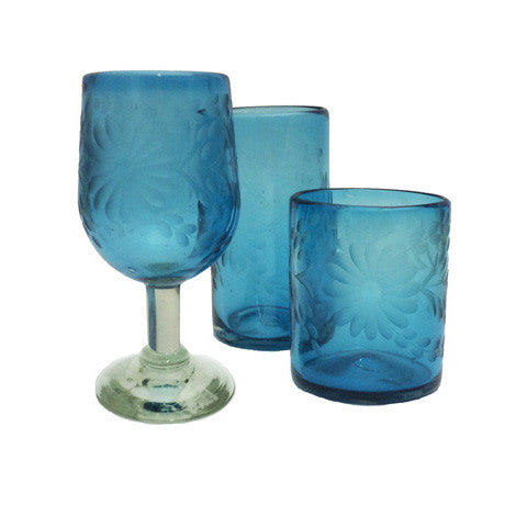 Aqua Handblown Etched Glassware